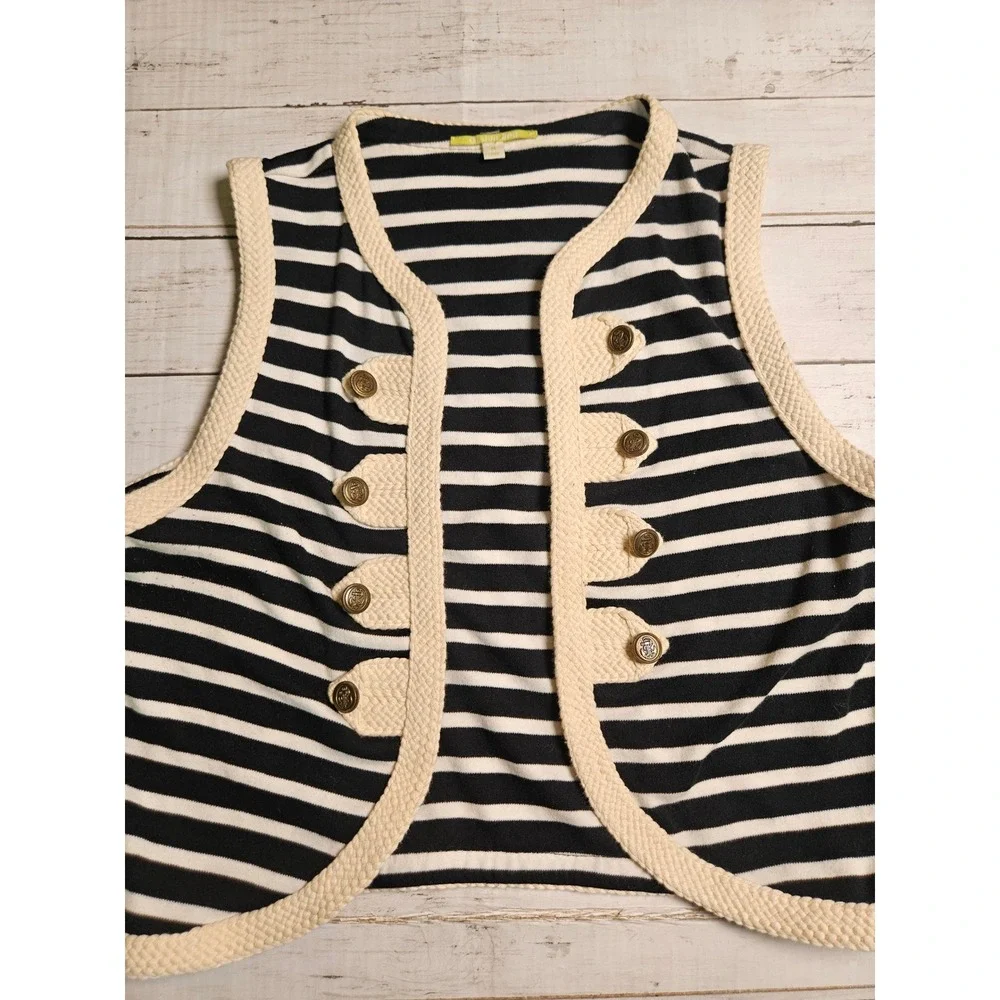 Gianni Bini Nautical Striped Knit Vest Black White Gold Button Military Medium‎